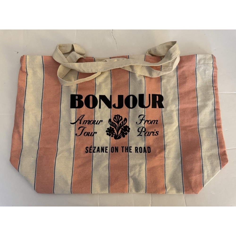 Sezane Women's One Size Bonjour Pink Beige Fabric Tote Bag